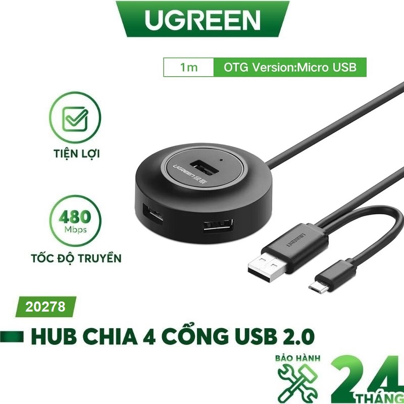 HUB Bộ Chia USB 2.0 4 Cổng Tích Hợp OTG chính hãng Ugreen 20278 - Bảo hành chính hãng 18 tháng