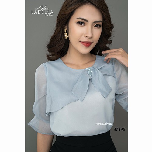 Áo sơ mi nữ Thiết kế nơ rơi tự nhiên chất liệu voan tăm cao cấp cùng 1 lớp lót lụa HOA'LABELLA(MA48)