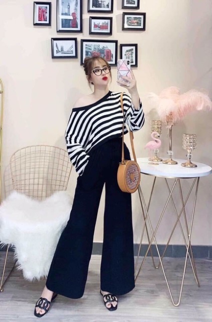 Sét bộ thun sọc kẻ tay dài quần ống rộng