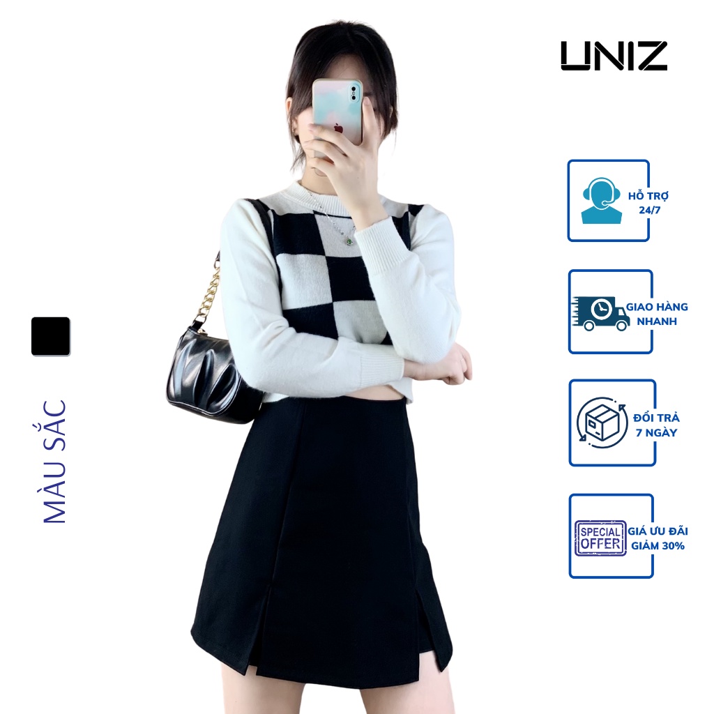 Quần Giả Váy Xẻ 2 Bên 308 UNIZ (Màu Đen), Dáng Ngắn, Cạp Cao, Form Chữ A, Vải Tuyết Mưa, Không Lộ