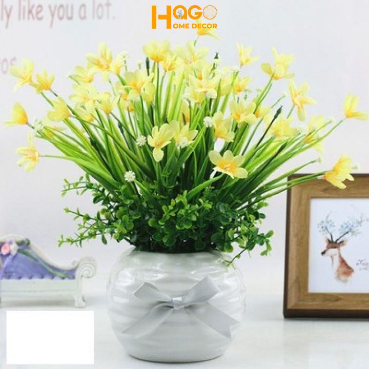 Hoa lụa, chậu hoa,bình hoa thủy tiên cắm sẵn cao 25 cm trang trí, decor nhà cửa, quán cafe