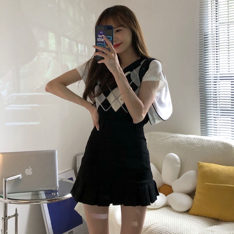 AMOI Chân Váy Ngắn Lưng Cao Màu Đen Thiết Kế Xếp Ly Thời Trang Cho Nữ