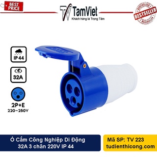 Ổ cắm công nghiệp 1 pha 32A 3 chấu di động Tâm Việt, Ổ cắm điện 220V IP 44 màu xanh