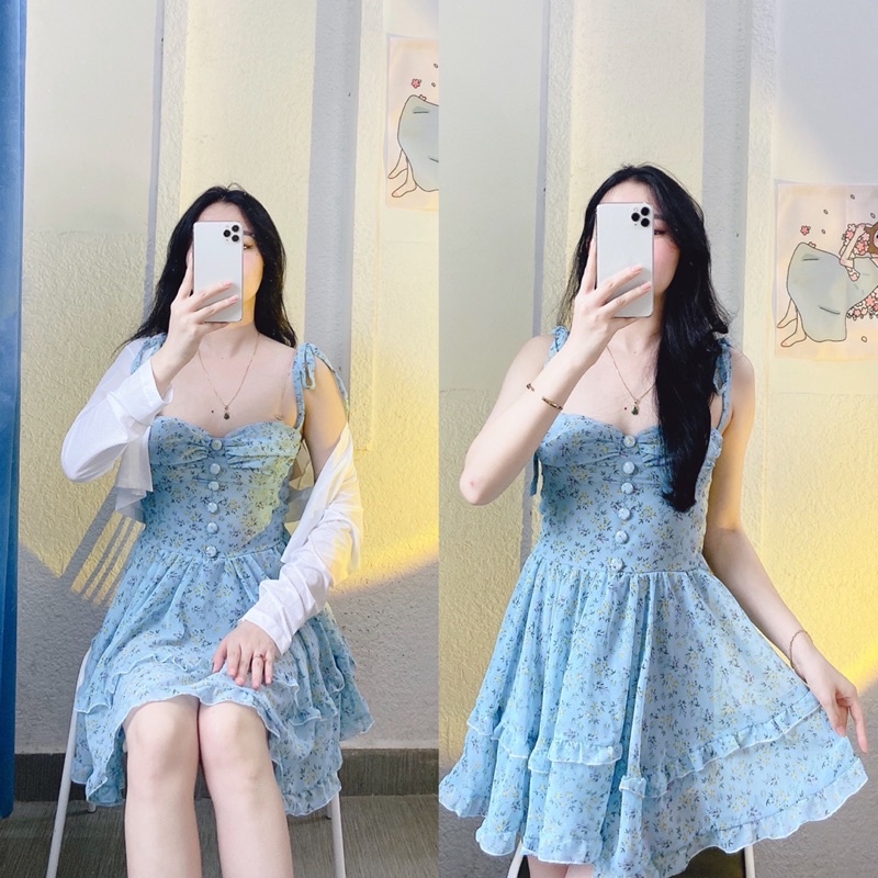 Set váy áo hoa nhí 2 dây, Set váy tiểu thư 2 dây hoa nhí kèm áo khoác CADIGAN thun gân cao cấp bao xinh.