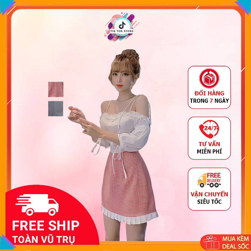 Áo trễ vai và chân váy caro, set đồ nữ đi chơi (áo có mút, chân váy có quần trong) TIK TOK STORE