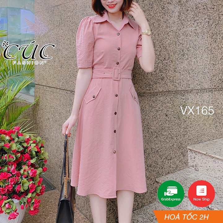 Váy liền thân công sở cao cấp đẹp Cúc Fashion VX165 váy 2 túi cúc gỗ