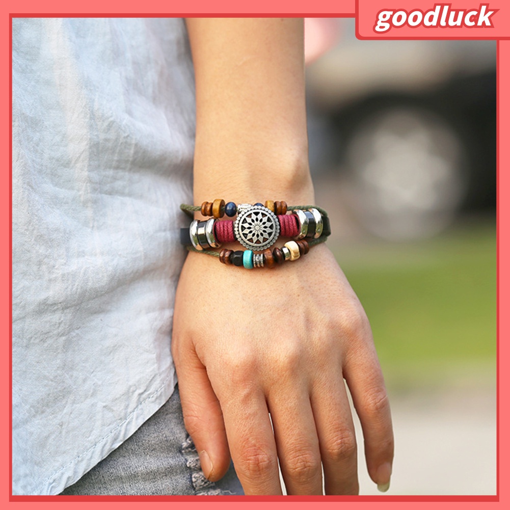 Vòng tay da bò nhân tạo đính hạt chuỗi gỗ có dây rút điều chỉnh kích cỡ cho nữ