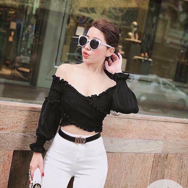 Áo croptop tay dài 5 màu nhún LIKANO CRT42