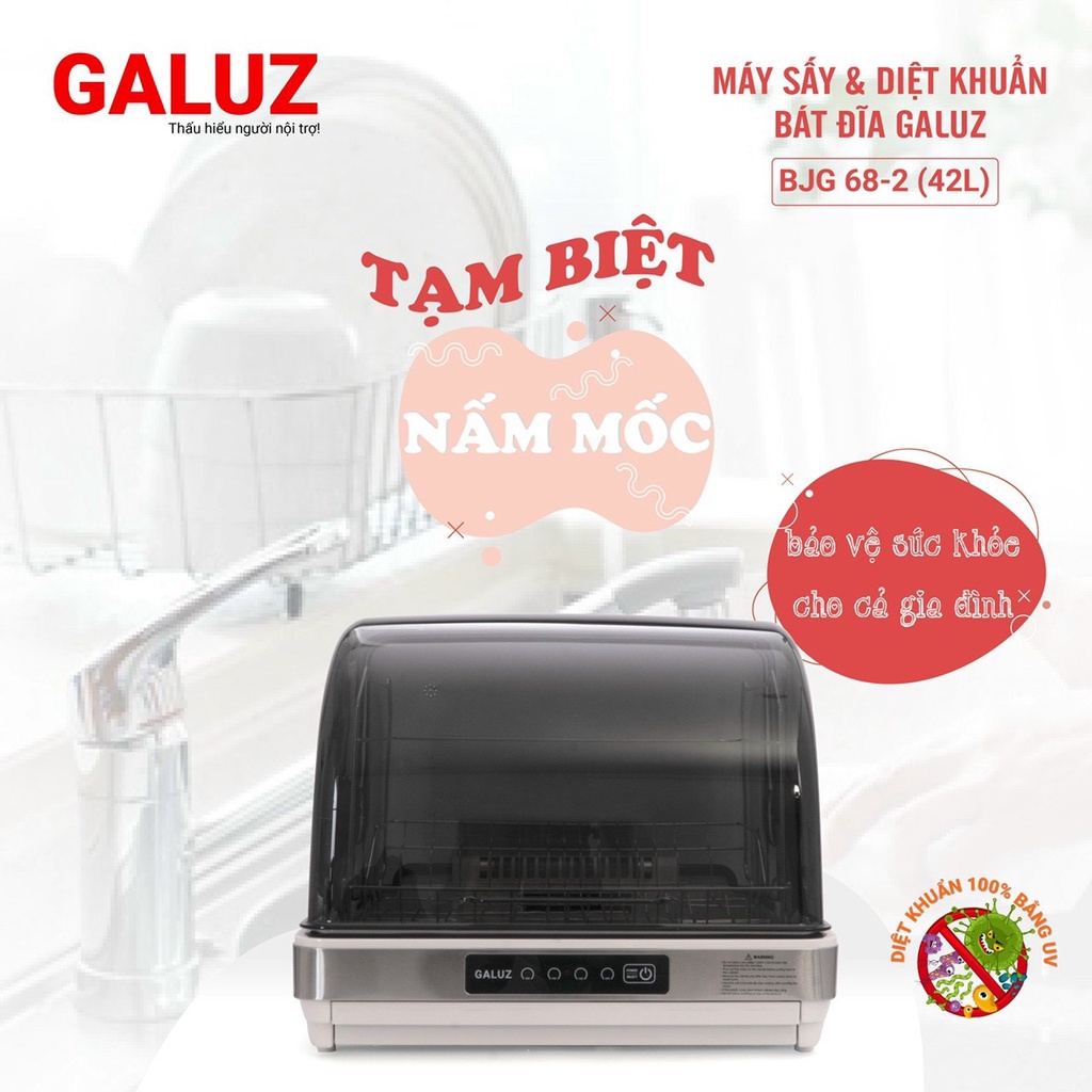 Máy sấy bát GALUZ, máy sấy và diệt khuẩn bát đĩa dung tích 42L,315W bảo hành 18 tháng lỗi đổi mới 10 ngày. BJG-68