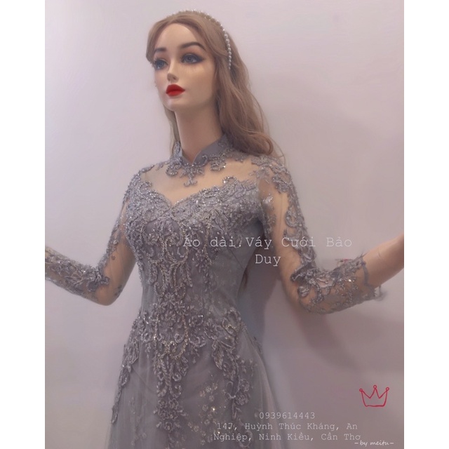 Áo dài tiệc màu xám đính đá trung niên hoặc sui gia tiệc