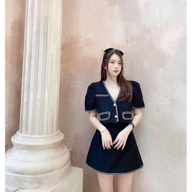 Áo khoác tweed ngắn tay dáng lửng bện dây tingoan LOVIN' TWEED TOP/BL