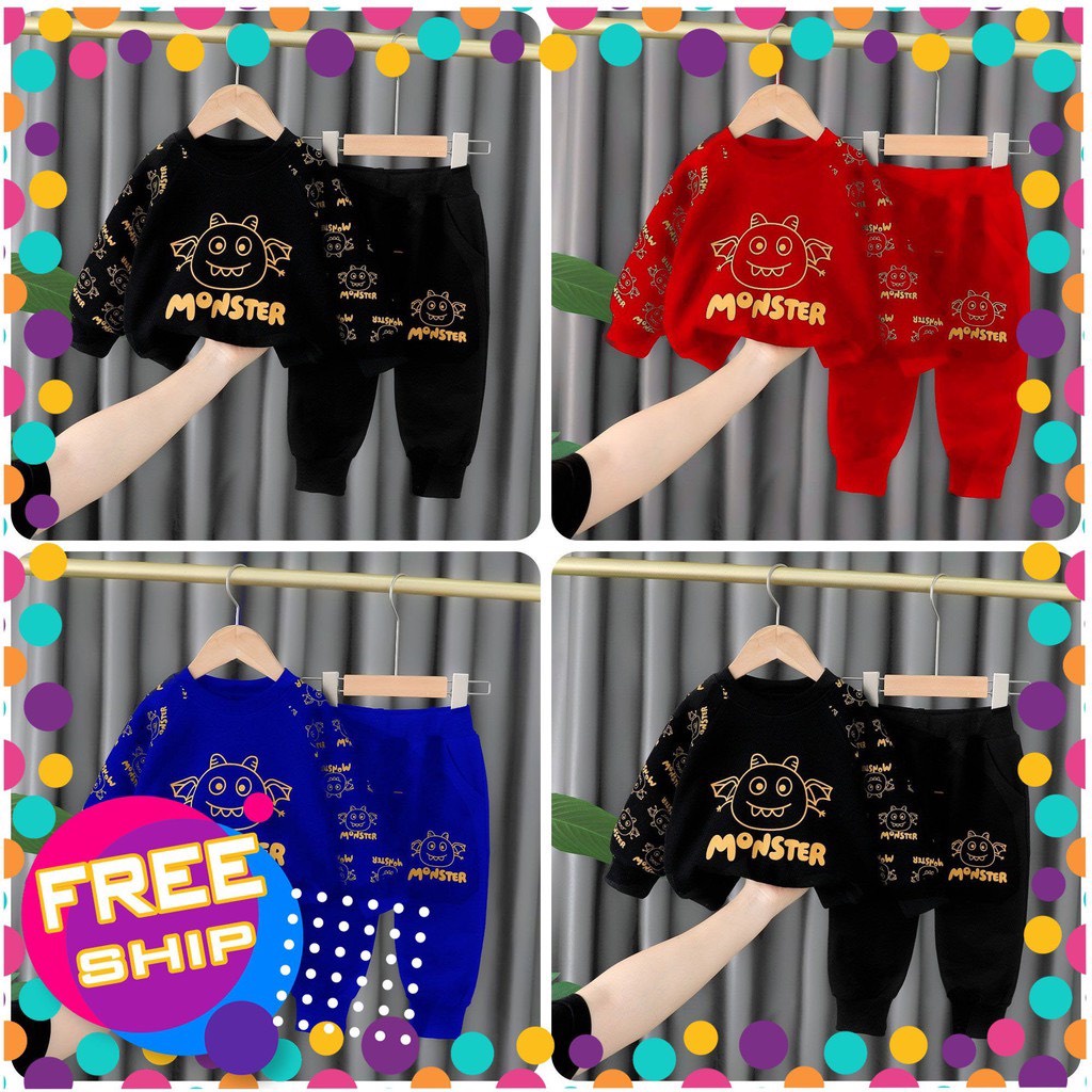 Bộ quần áot thu đông trẻ em 7-17kg dành cho cả bé trai và bé gái mẫu Monster