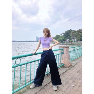 Áo croptop thun tay ngắn màu tím dễ thương