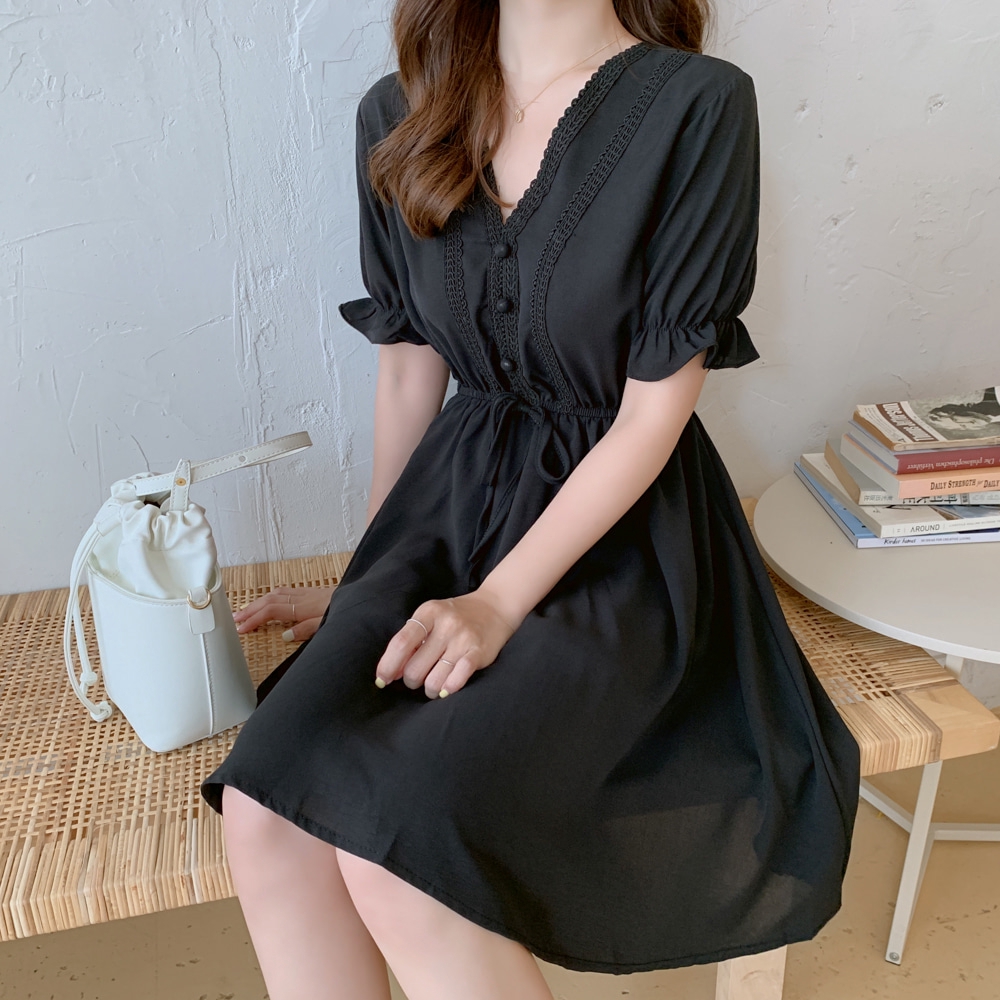 Đầm tay phồng cổ chữ V màu trơn thanh lịch dành cho nữ 29352