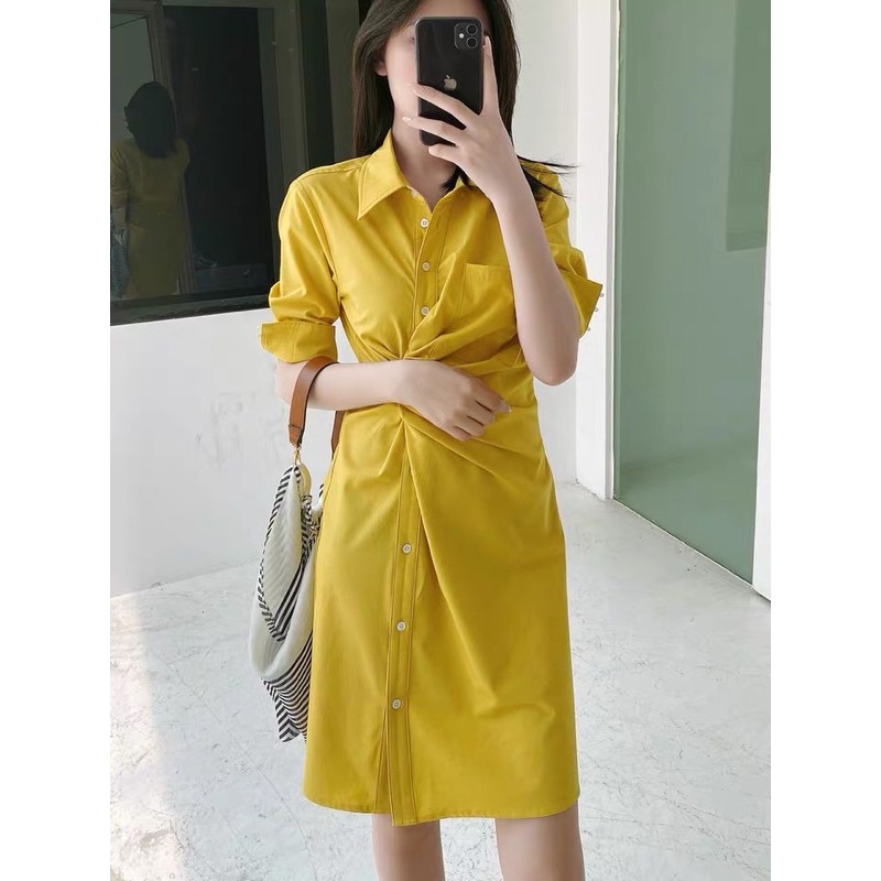 Đầm sơmi nữ dài tay vạt xoắn hàng xuất siêu tôn dáng