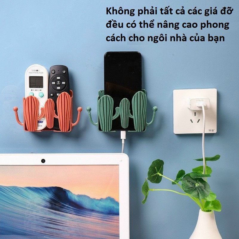 Kệ Dán Tường Hình Xương Rồng Có Tai Để Remote, Đồ Dùng / Giá Đỡ Sạc Điện Thoại - Có Móc Treo Chìa Khóa, Dây Sạc