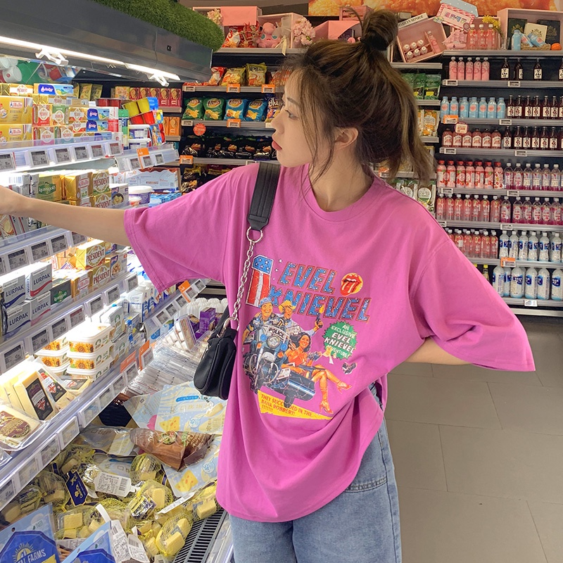 SUXI Áo Thun Tay Ngắn Cổ Tròn Form Rộng In Họa Tiết Hoạt Hình Thời Trang Mùa Hè Cho Nữ