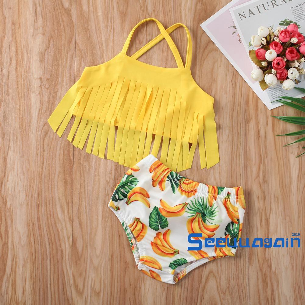 Bộ đồ bơi bikini dây tua rua in hình quả chuối thời trang cho bé gái