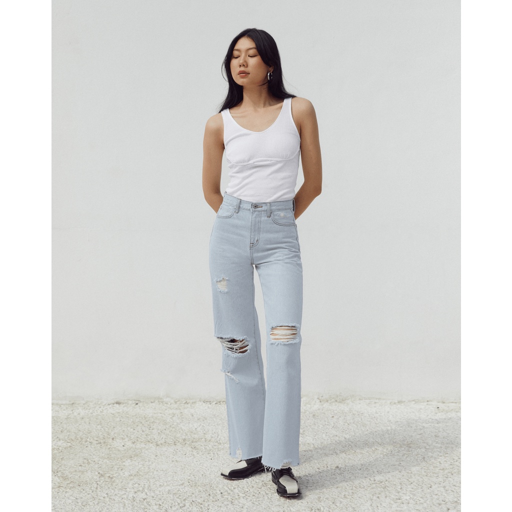 TheBlueTshirt - Quần Jeans Ống Rộng Nữ  Rách Gối Màu Nhạt - Cheeky Chic Wide Leg Jeans - Light Blue Wash