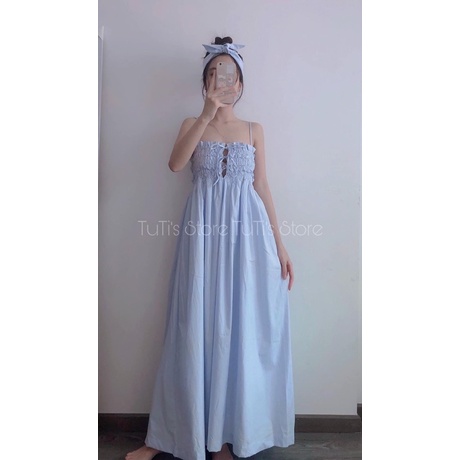 ĐẦM MIDI XANH BO CHUN NGỰC 2 DÂY CỘT