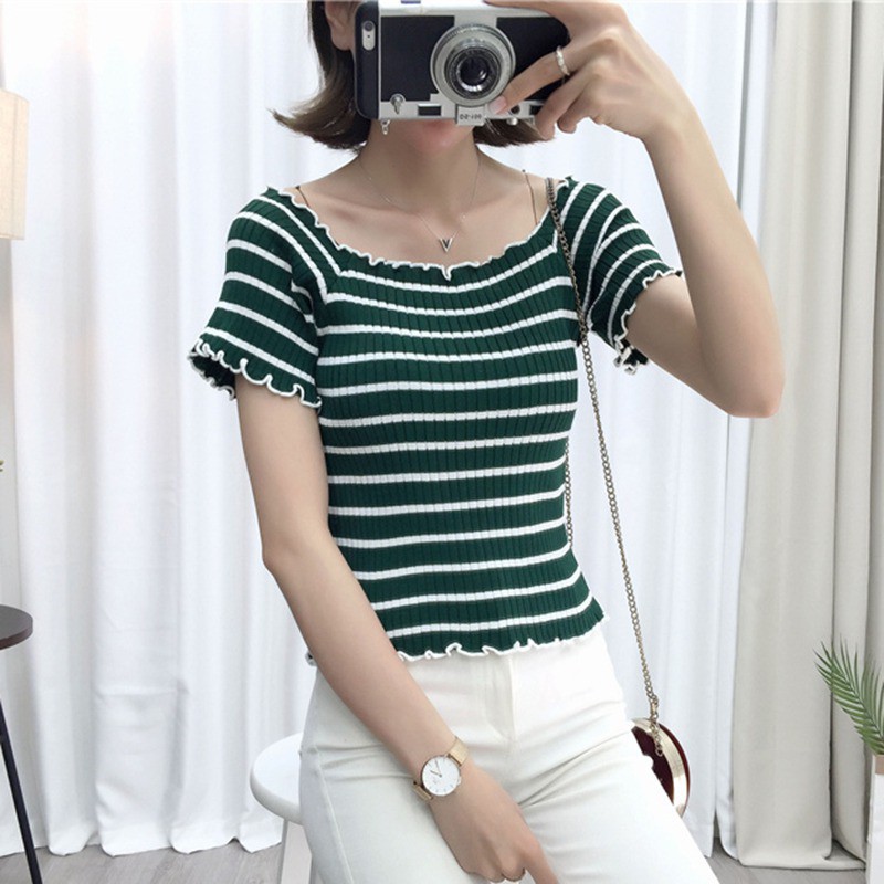 Áo dệt kim nữ trễ vai viền nhún