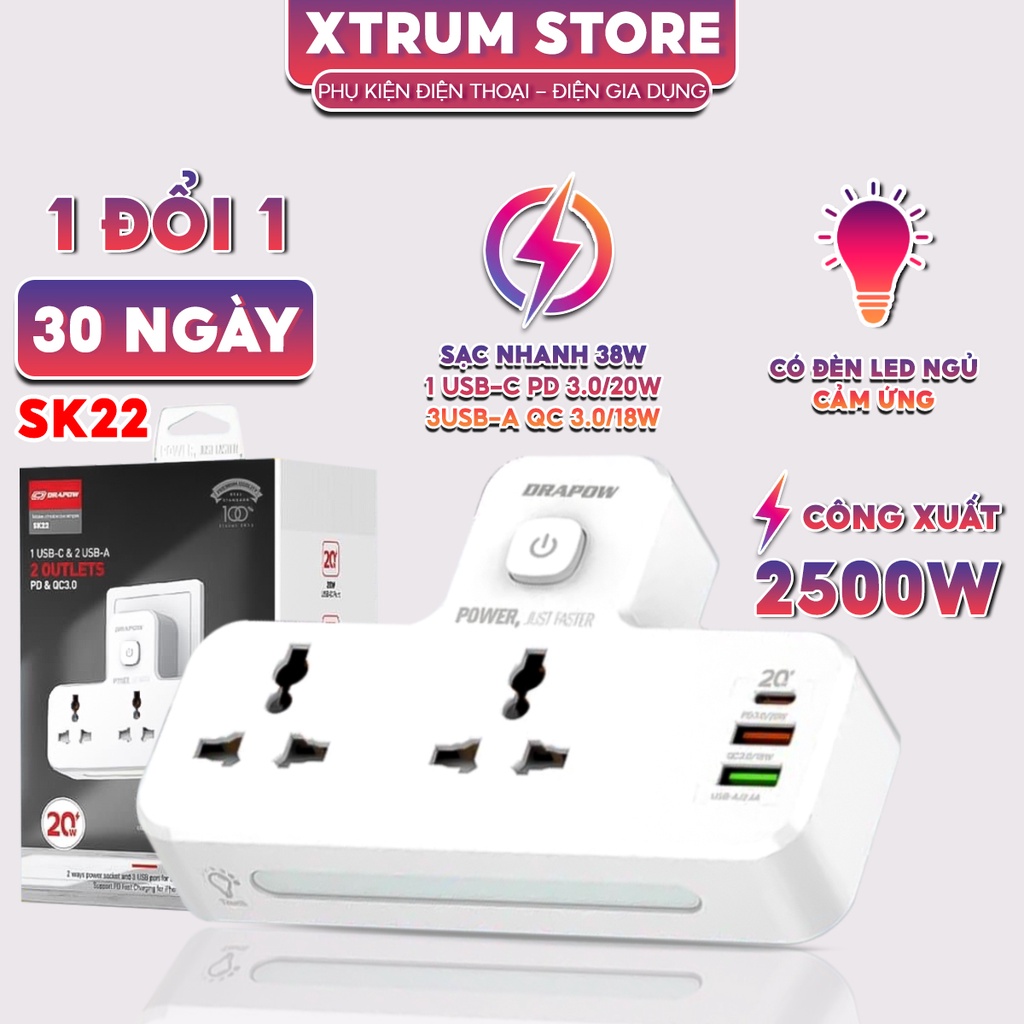 Ổ cắm điện đa năng thông minh có đèn ngủ sạc nhanh USB-C 20W PD cổng QC 3.0 18w hai ổ 220v an toàn chống giật và cháy nổ