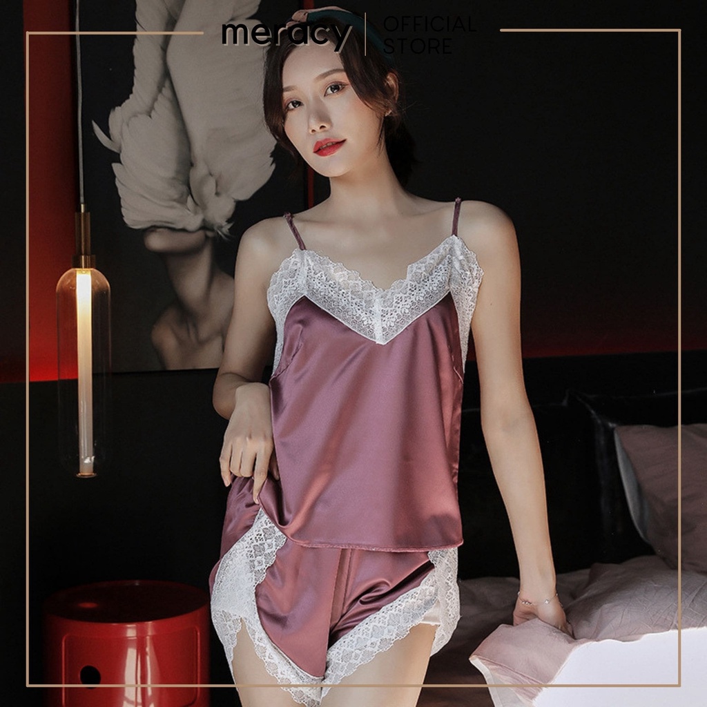 Đồ bộ ngủ 2 dây lụa satin nữ MERACY bộ đồ ngủ hai dây lụa satin phối viền ren sexy M07-BC