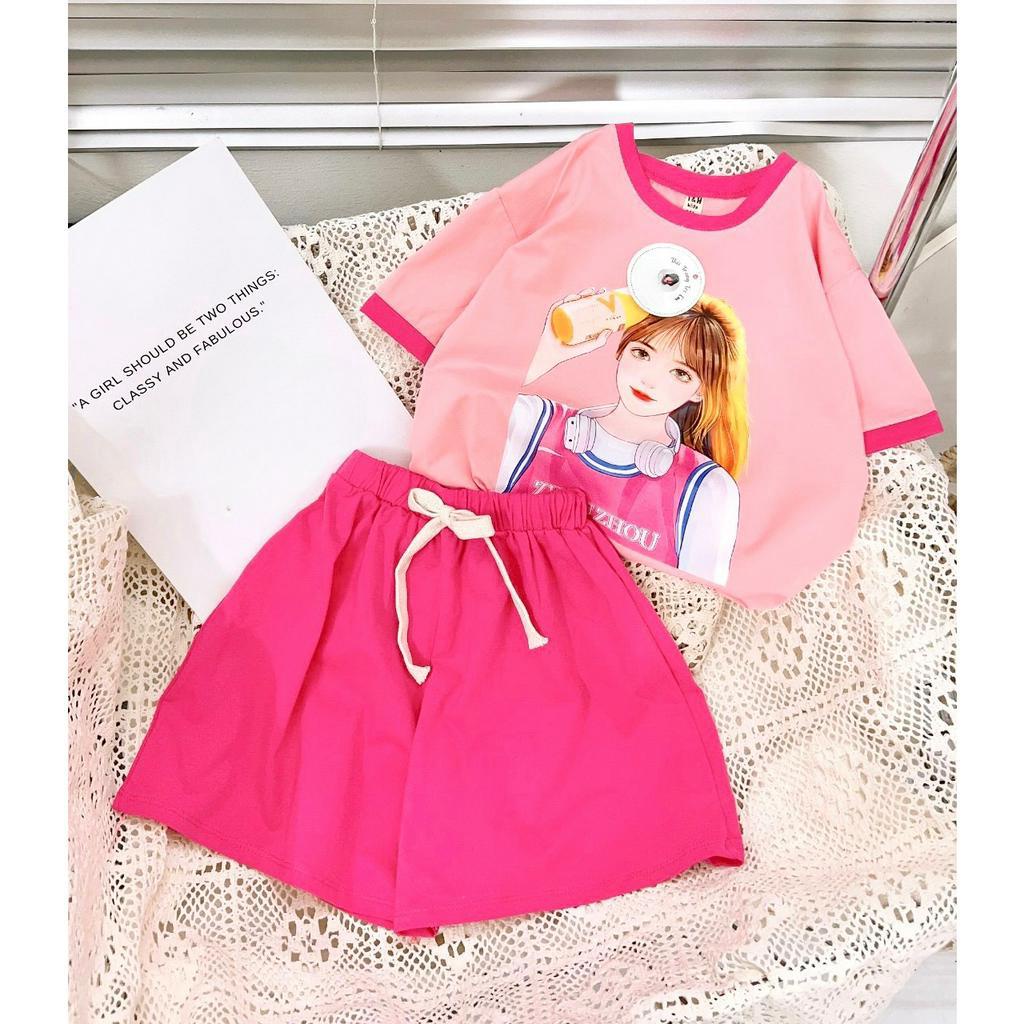 [15-45kg] Đồ bộ cộc tay mùa hè hình CÔ GÁI cho bé, Bộ bé gái size đại chất cotton