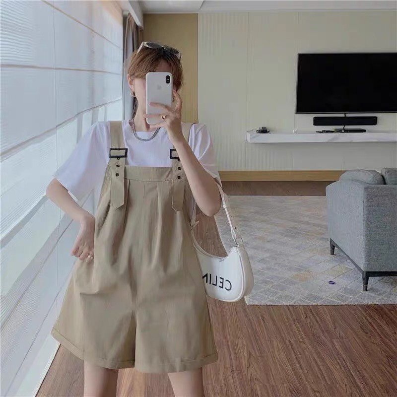 Quần Sooc Yếm Kaki Xanh Hottrend Quần Yếm Đùi Ống Rộng Màu Xanh Đậm Freesize Form Rộng