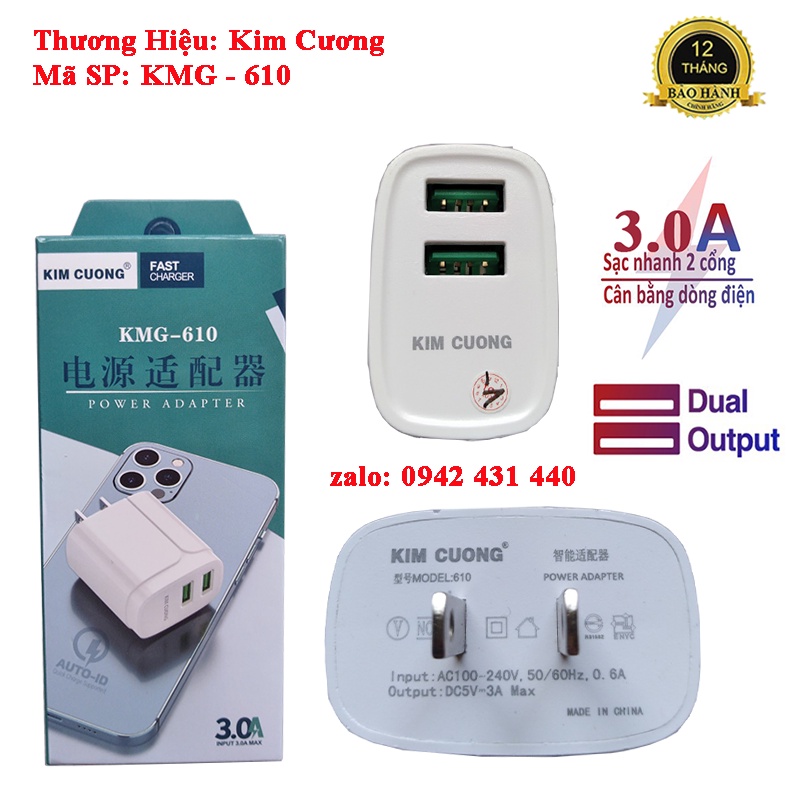 Củ Sạc Nhanh IP SS Kim Cương 2 đầu USB | 3.0A Max 610, sạc nhanh cho nhiều dòng máy