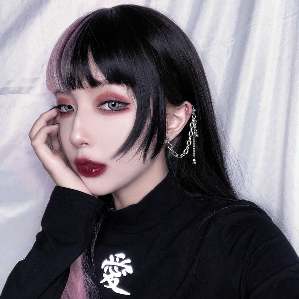 Khuyên tai tích hợp kẹp vành 22072 phối dây xích / hạt phong cách đen tối cá tính cho nữ