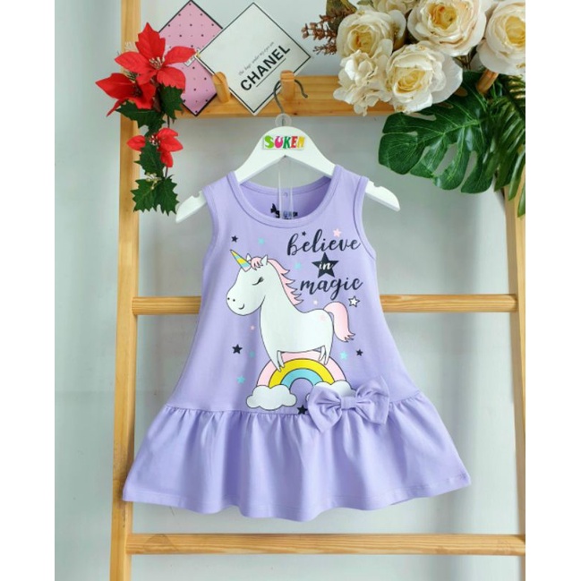 Đầm thun cotton xịn tay cánh tiên xinh xắn in ngựa pony cho bé 9-25kg