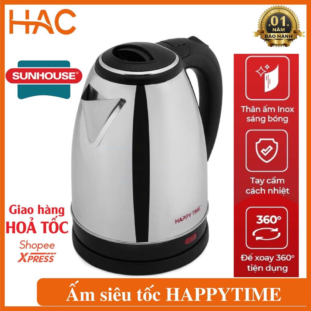 Ấm Đun Siêu Tốc Happy Time 1,8l HTD1081, Bình Đun Siêu Tốc Inox Cách Nhiệt