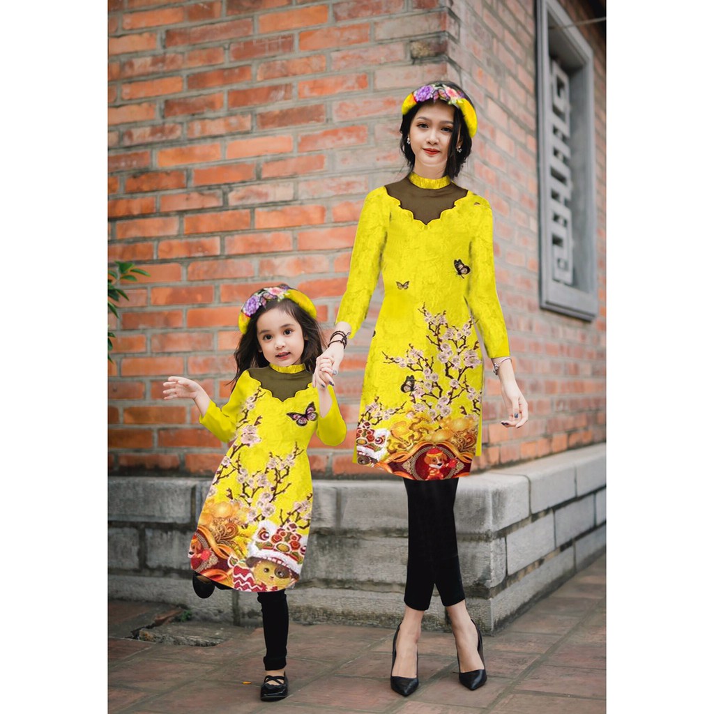 SÉT ÁO DÀI GẤM CÁCH TÂN MẸ & BÉ CỔ LƯỚI IN HỌA TIẾT ĐẦU LÂN (KÈM MẤN THÊU)