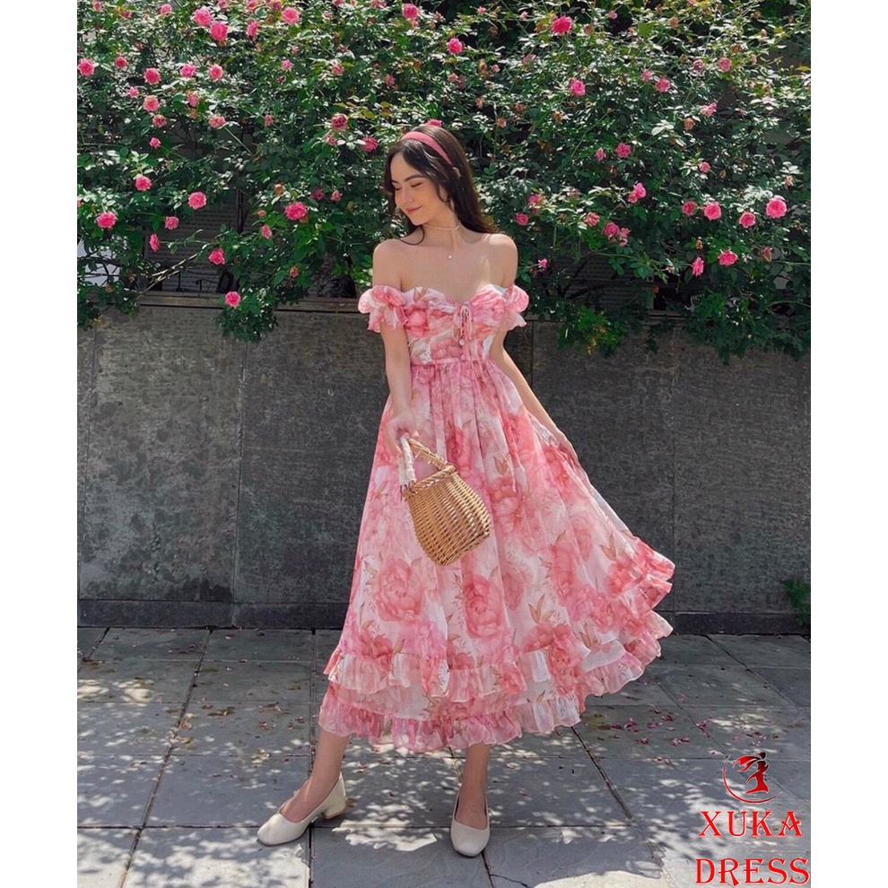Váy hoa nhí cup ngực cổ vuông trễ vai Vintage đầm dự tiệc cưới xinh đẹp dễ thương cá tính XUKA DRESS DT041