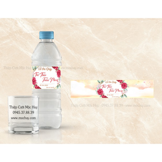 SET 50 Tem dán chai nước suối dùng cho lễ cưới, hỏi