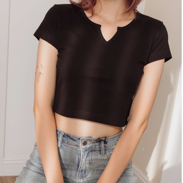Áo croptop cổ tròn khoét V cộc tay thun Mia Ritta A2075 Ảnh thật