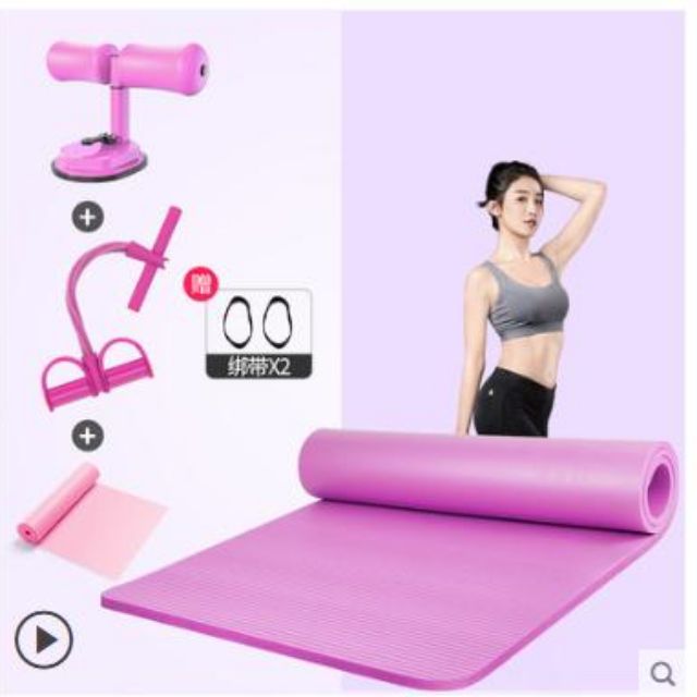 Combo trọn bộ sản phẩm tập luyện tại nhà gồm thảm yoga + đế hút chân không tập bụng + dây kéo tập bụng + dây tập yoga