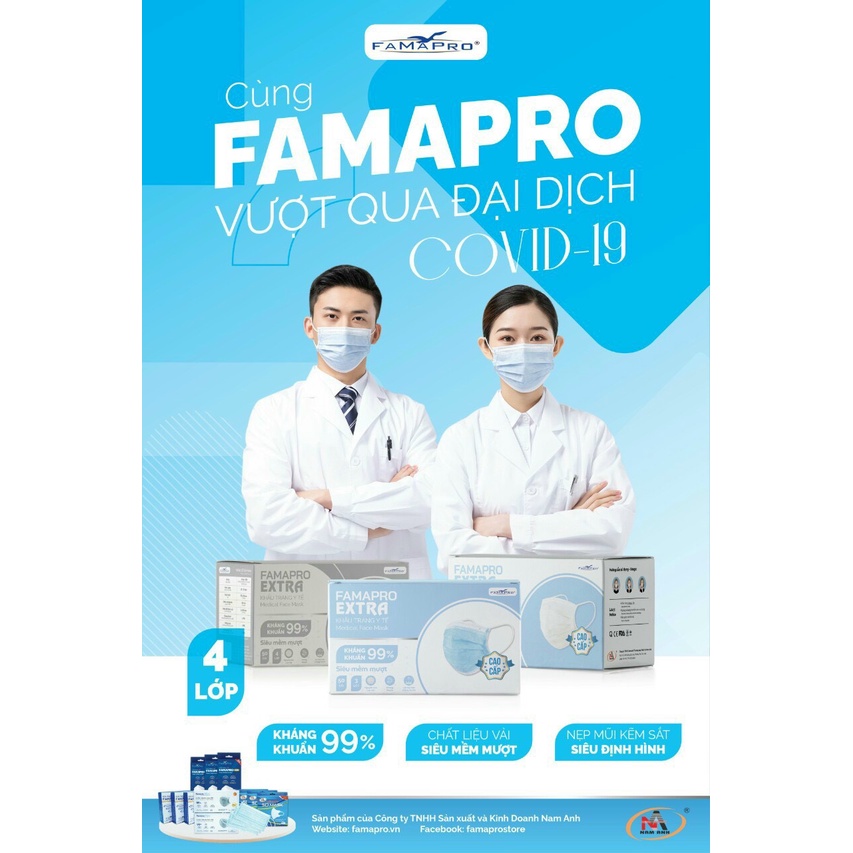 [Extra- HỘP 50 CÁI] Khẩu trang y tế kháng khuẩn 4 lớp Famapro Extra (50 cái/ hộp)