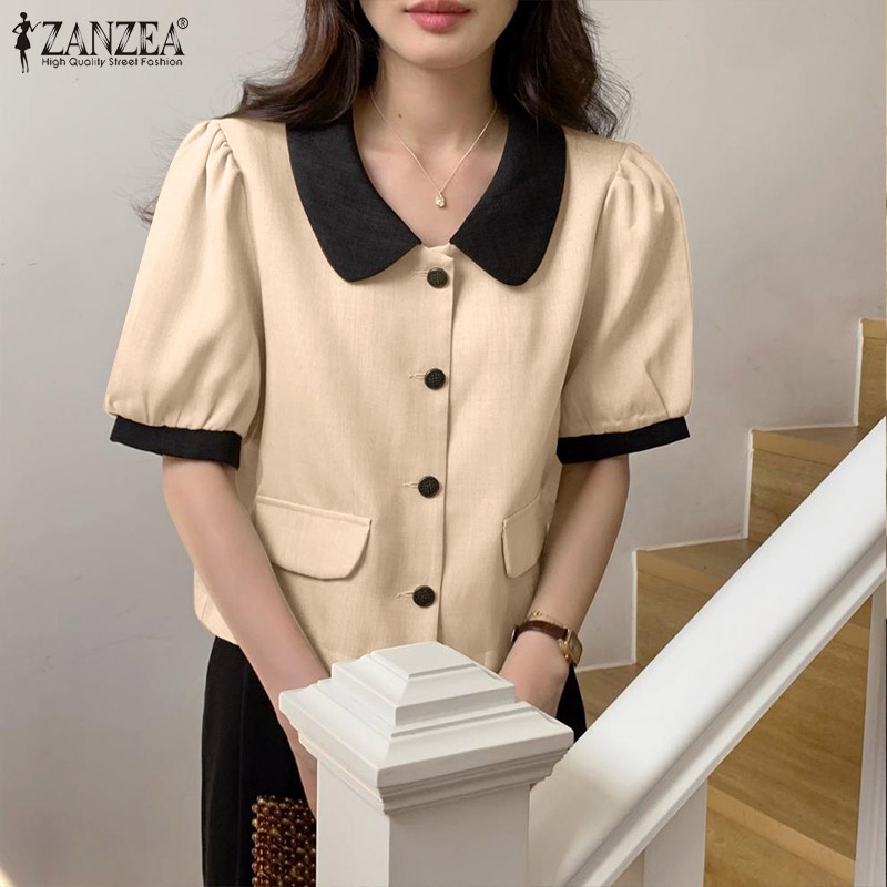 Áo sơ mi ZANZEA tay ngắn phồng cổ bẻ thời trang Hàn Quốc dành cho nữ