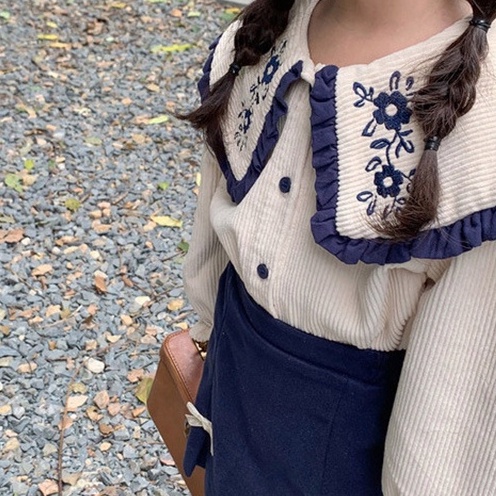 Aiyaya Bộ Áo Tay Dài Phối Ren + Chân Váy Ngắn Phong Cách Hàn Quốc Thời Trang Cho Bé Gái