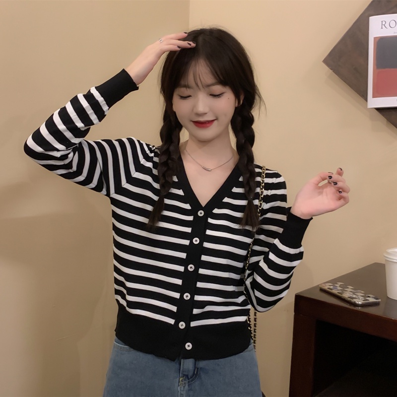 IELGY    Áo cardigan Dệt Kim Tay Dài Cổ Chữ V Dáng Rộng Kẻ Sọc Thời Trang Cho Nữ