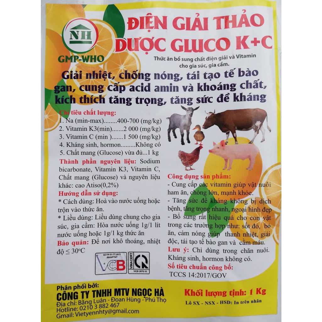 1kg ĐIỆN GIẢI GLUCO KC Giải nhiệt, chống nóng, kích thích tăng trọng, tăng sức đề kháng cho gia súc, gia cầm, chó mèo