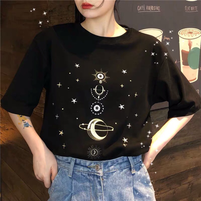 [FREESHIP] - ÁO THUN NGẮN TAY UNISEX THÊU VŨ TRỤ 3 MÀU TRẮNG - ĐEN - XANH NEON