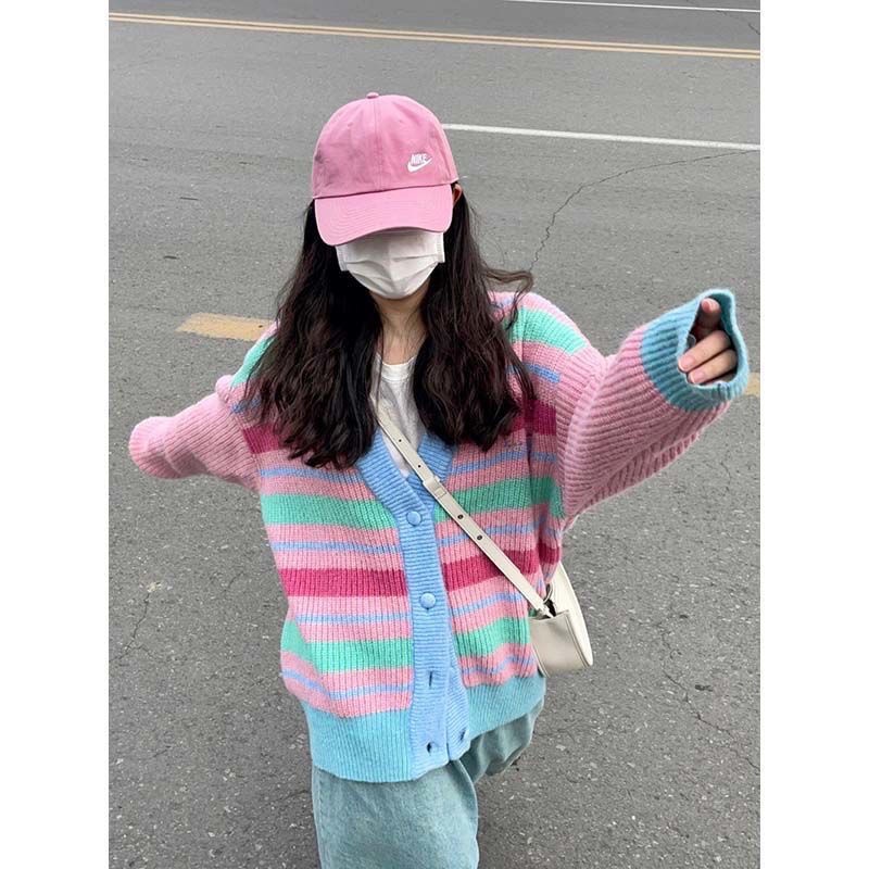 Áo Khoác Cardigan Nữ Cổ Chữ V Kẻ Sọc Màu Tương Phản Mới