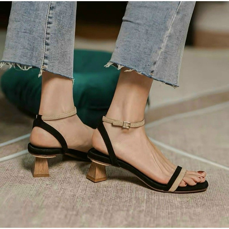 Sandal quai nỉ phối 2 màu gót gỗ 5cm (hàng đẹp)