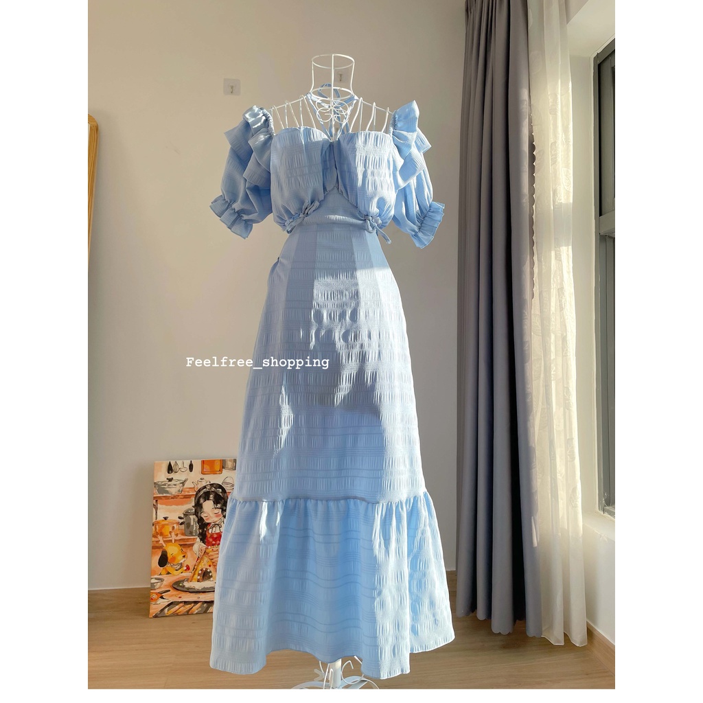 Đầm Xanh Dương Cổ Vuông Dáng Dài Hở Eo Lưng 2 Lớp Mặc Đi Tiệc, Đi Chơi, Kỷ Yếu (Hình Thật) D032