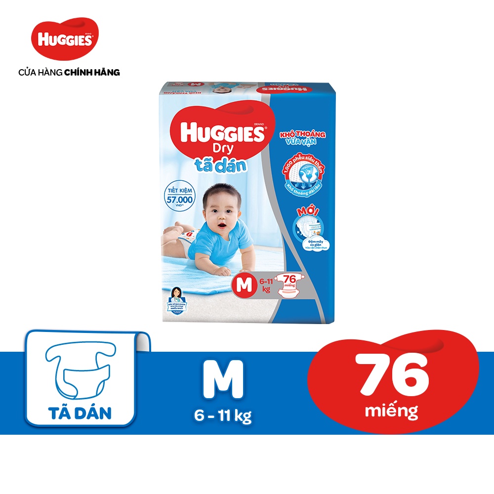 Tã dán Huggies Dry Super Jumbo M76/L68/XL62/XXL56