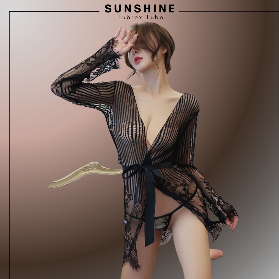 Áo choàng kimono Voan mỏng phối ren cao cấp kẻ sọc màu đen SUNSHINE LUBREX-LUBO -SOC1066