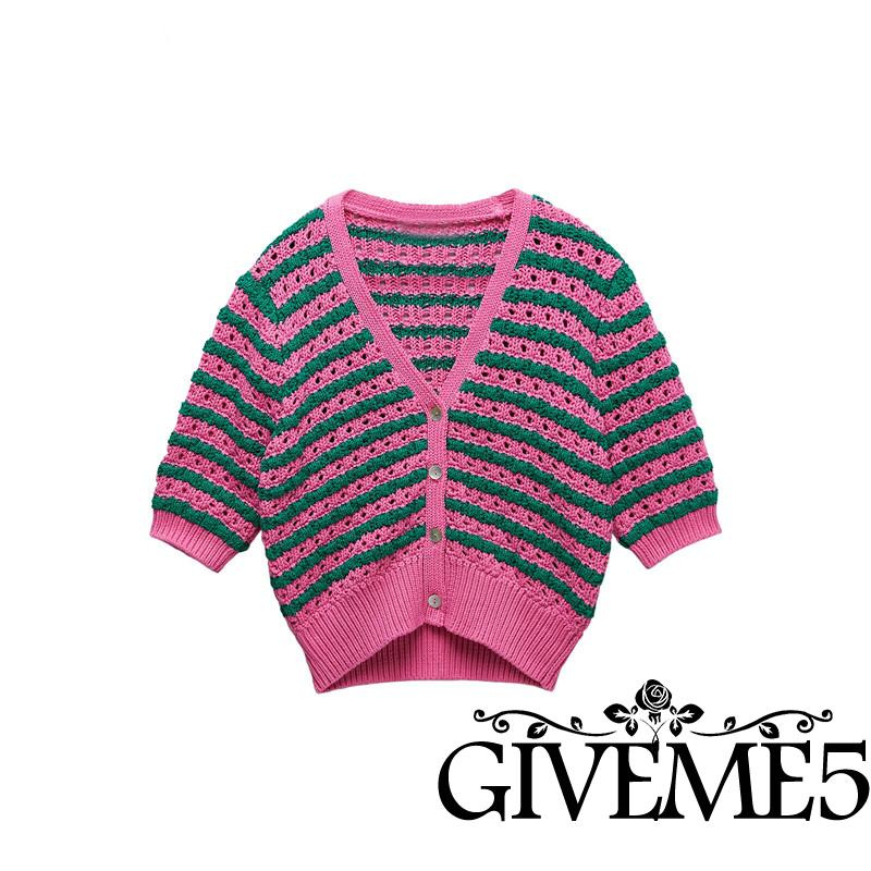 Áo Cardigan Tay Ngắn Cổ Chữ V Cài Nút Họa Tiết Kẻ Sọc Thanh Lịch Cho Nữ